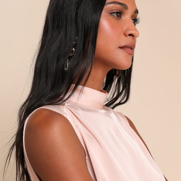 Lulus Classic Elegance Blush Satin Sleeveless Mock Neck Maxi Dress Pink - Size S - Picture 4 of 5